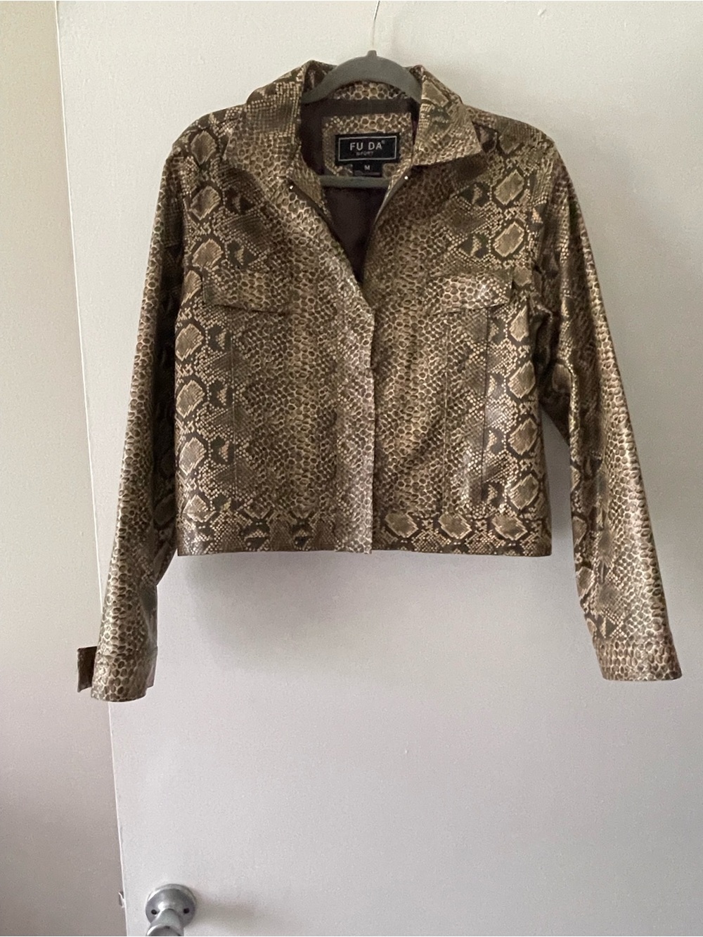 Y2K Women's Metallic Faux Leather Snake-Print Cropped Jacket - Gold/Brown